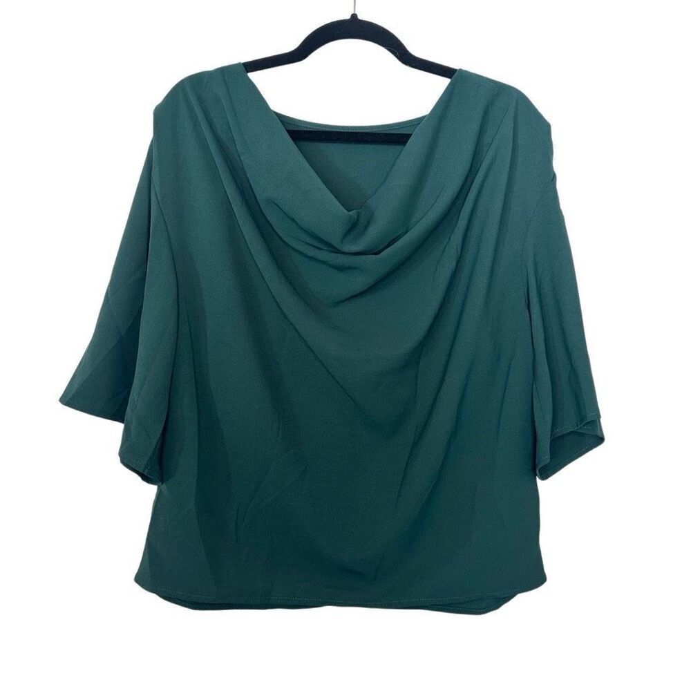 Emory Rose Cowl Neck 3/4 Batwing Sleeve Draped Relaxed Casual Dark Green Blouse